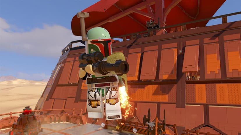 Lego Boba Fett jetpacking with a blaster rifle in front of Jabba’s Sail Barge on a sunny desert planet.