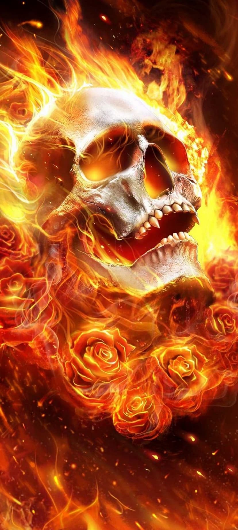 Human skull engulfed in orange flames surrounded by scorched roses with glowing embers on a dark background.