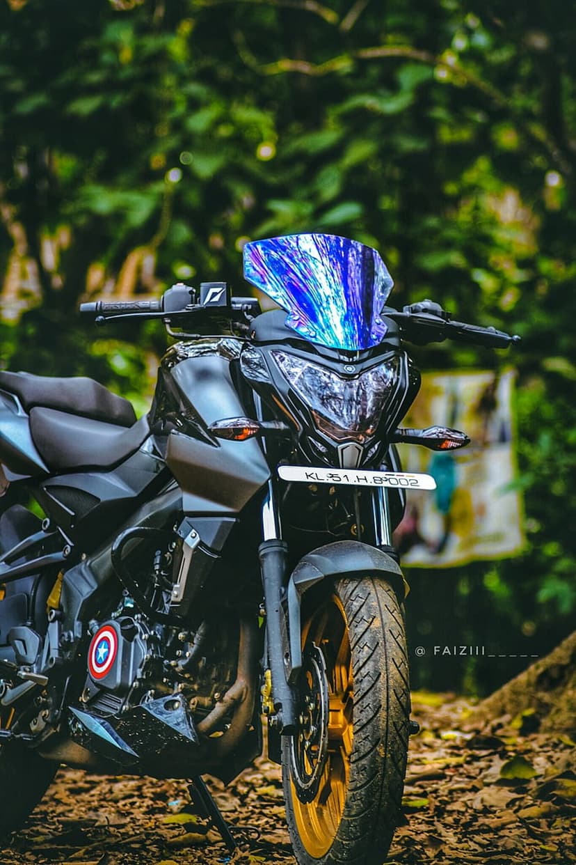 Black customized motorcycle with an iridescent blue windshield and golden rims parked in a lush green forest.