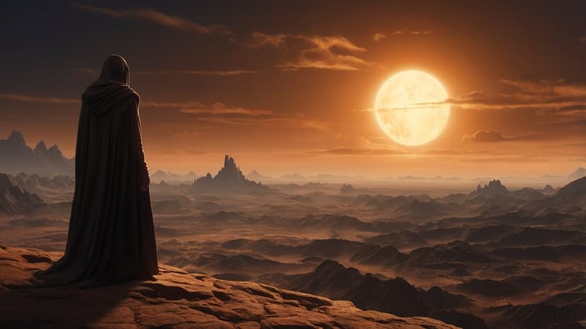 Robed figure stands on a rocky cliff watching a giant sun set over a misty alien mountain range at dusk.