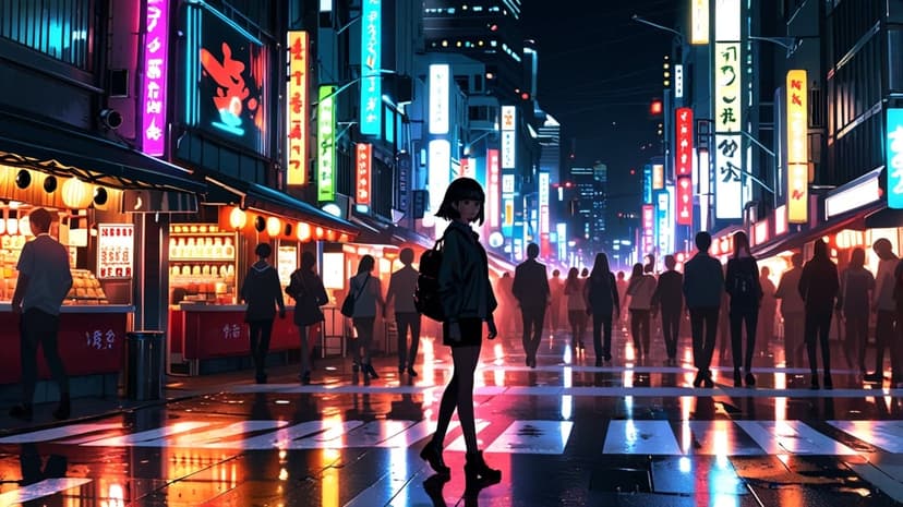 Pedestrians cross a wet asphalt street reflecting vibrant blue and pink neon signs from tall city buildings.