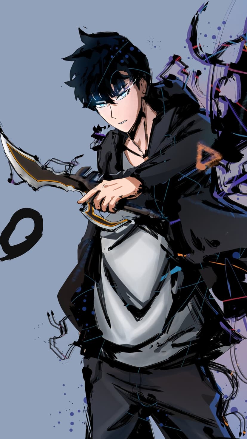 Sung Jinwoo holds a jagged dagger with glowing blue eyes and purple energy swirls against a light gray background.