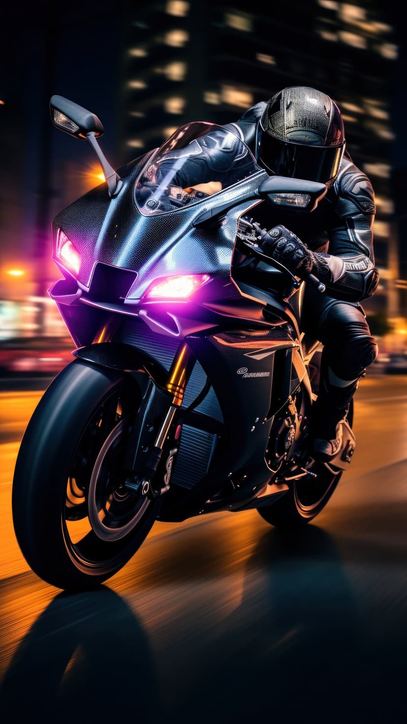 Motorcycle rider in black gear with glowing pink headlights speeding through a blurred neon city at night.