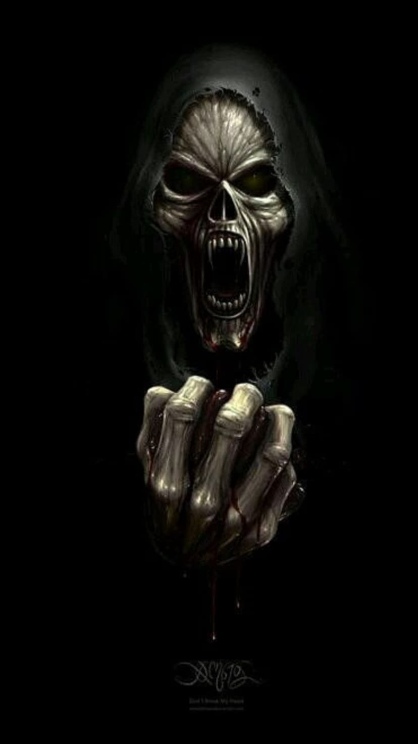 Skeletal grim reaper skull with glowing eyes and sharp teeth reaches forward with a blood-stained skeletal hand.