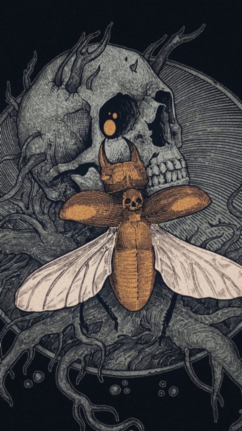 Human skull overlaid with an ornate winged beetle and tangled gnarled roots on a black background.