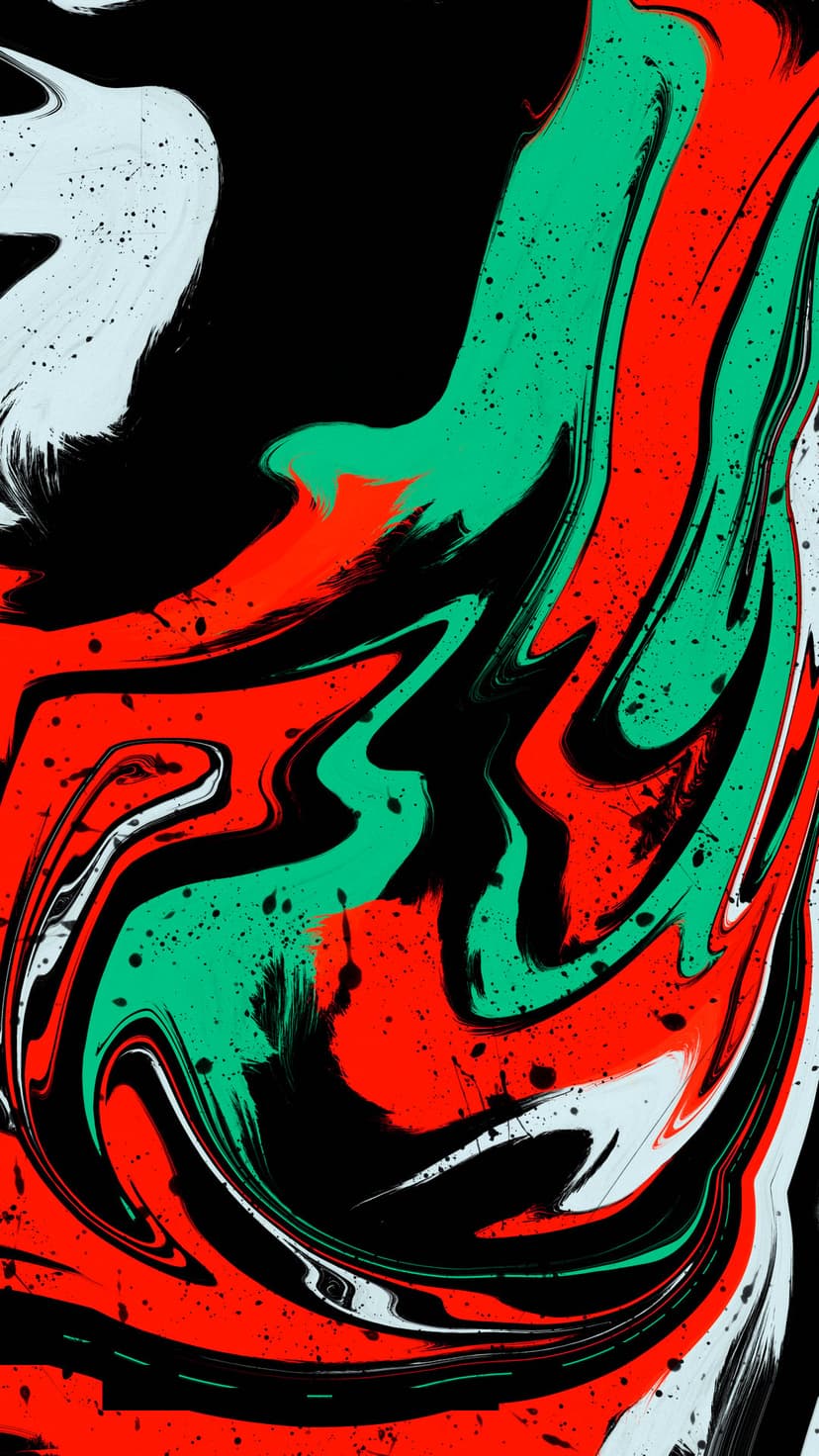 Scarlet and emerald liquid paint swirls mix with fine droplets on a deep black textured artistic surface.