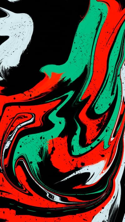 Abstract Liquid Paint Swirls with Red, Green, and Black