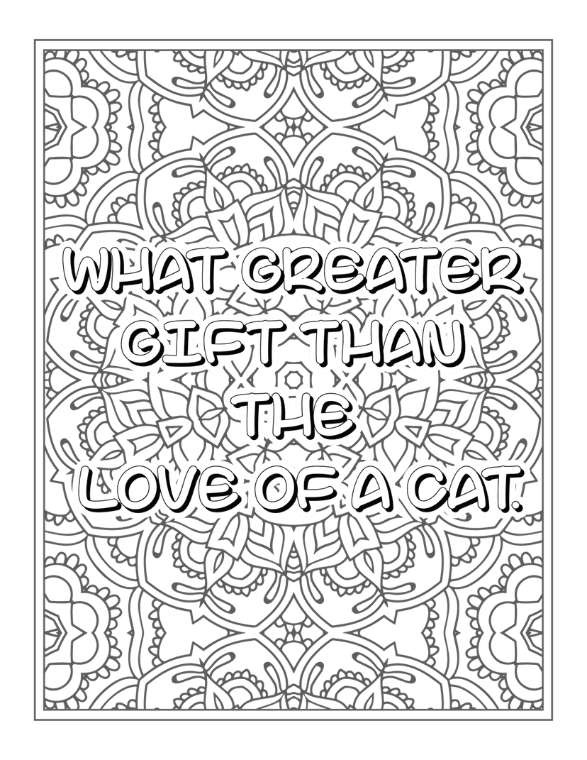 Feline quote typography mandala design features black line art with intricate circular patterns and text.