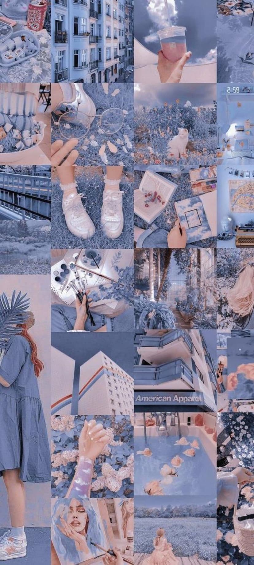 Vintage blue buildings, white flower petals, and painterly textures arranged in a vertical aesthetic collage.