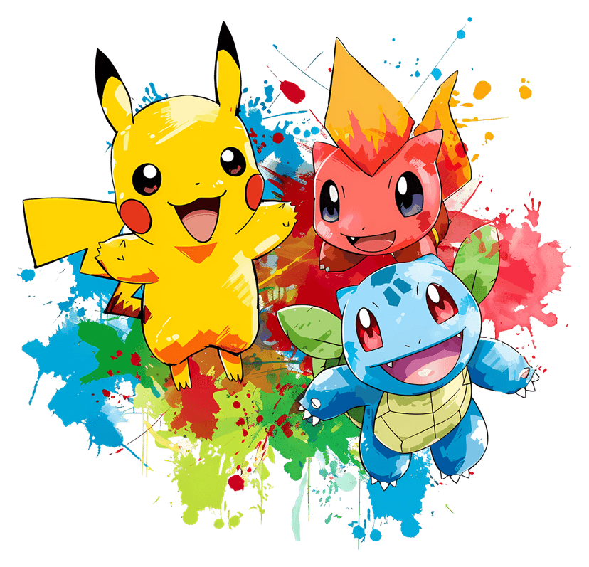 Pokemon characters Pikachu Charmander and Squirtle stand together in a vibrant anime digital illustration.