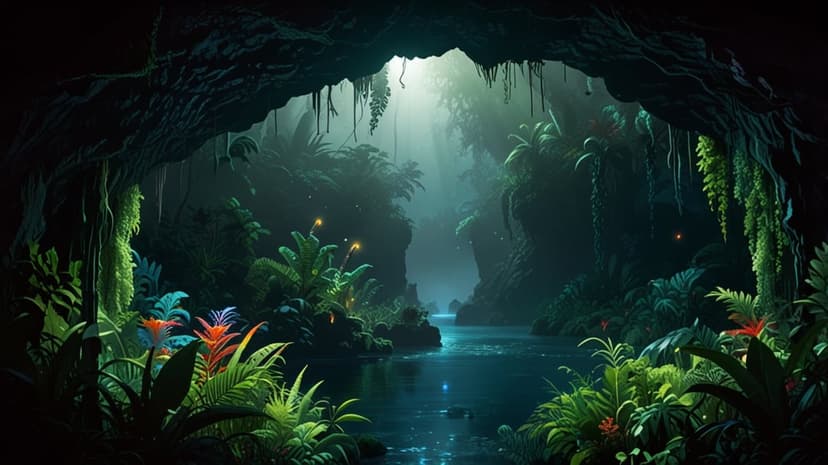 Glowing blue and red plants line a dark cave river with soft reflections and a misty, magical atmosphere.