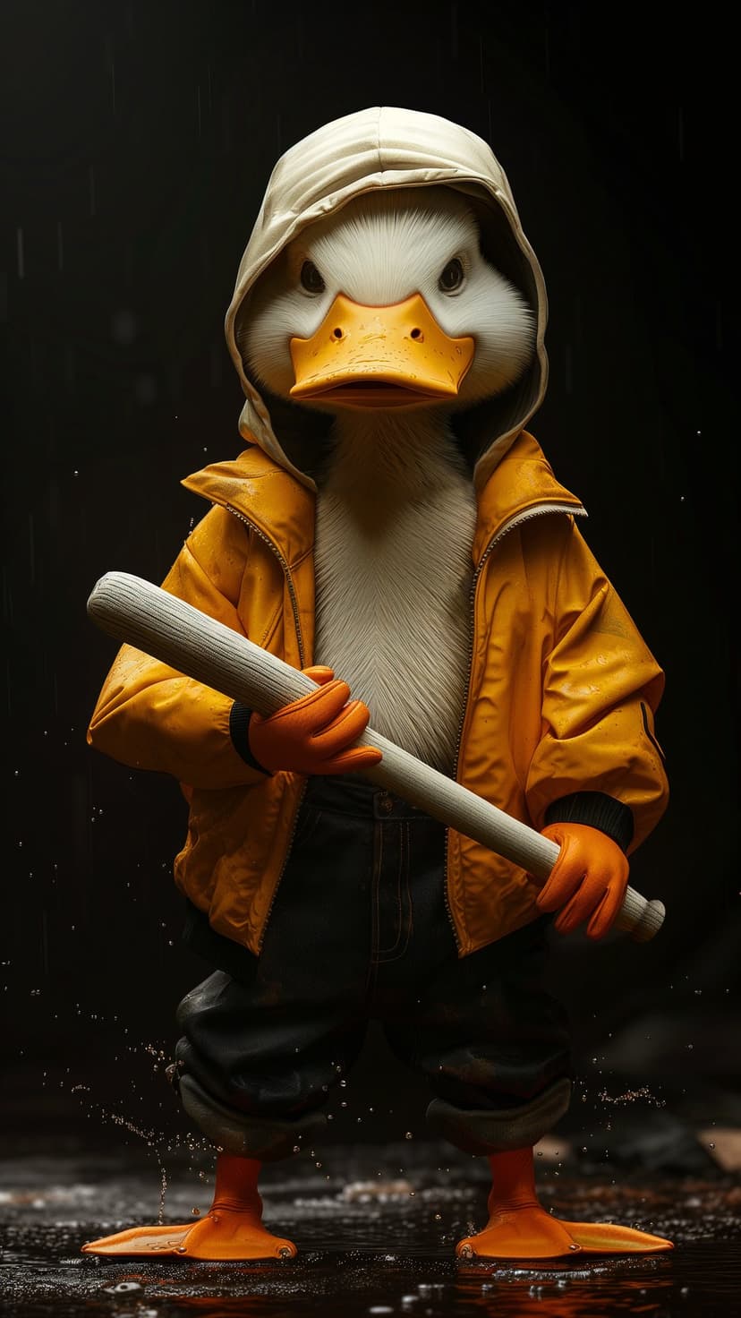 Anthropomorphic duck in a yellow raincoat holding a baseball bat on a wet street during a dark rainy night.