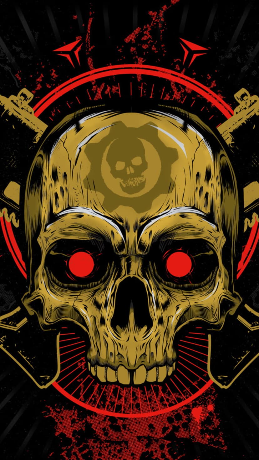 Golden mechanical skull with glowing red eyes and crossed assault rifles framed by a crimson circular emblem.