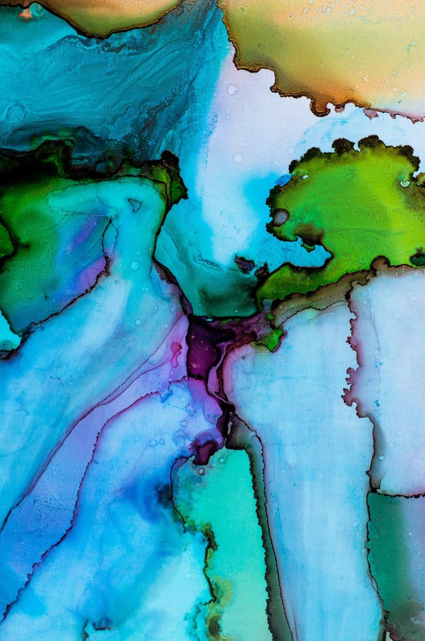 Turquoise and purple ink swirls flow together in organic, translucent layers with a deep green gradient.
