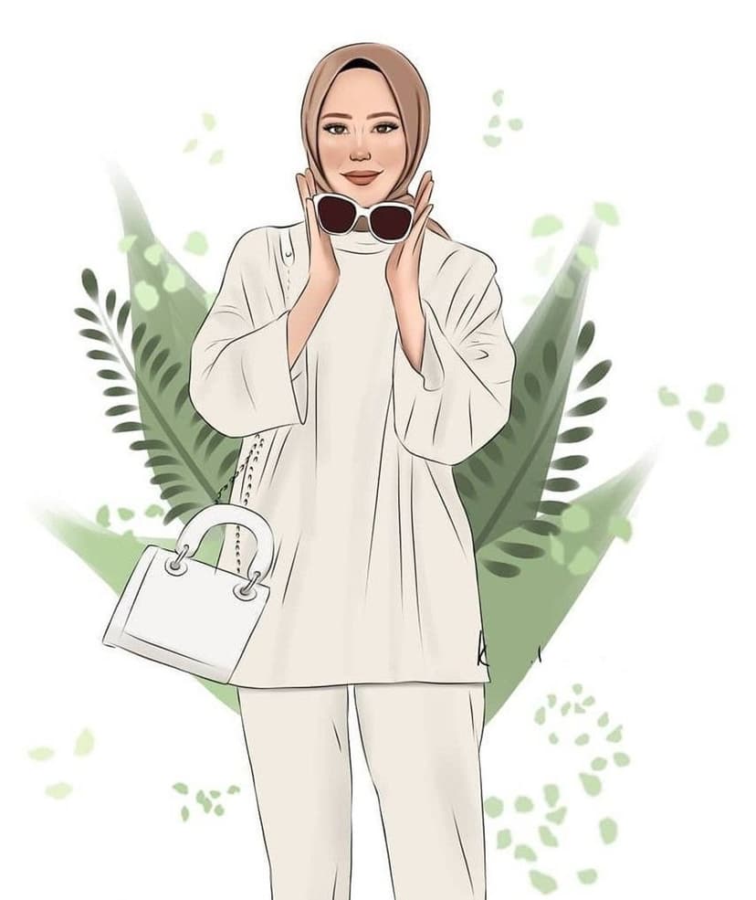 Woman in a cream hijab and oversized top holds sunglasses and a white handbag against green leaf patterns.