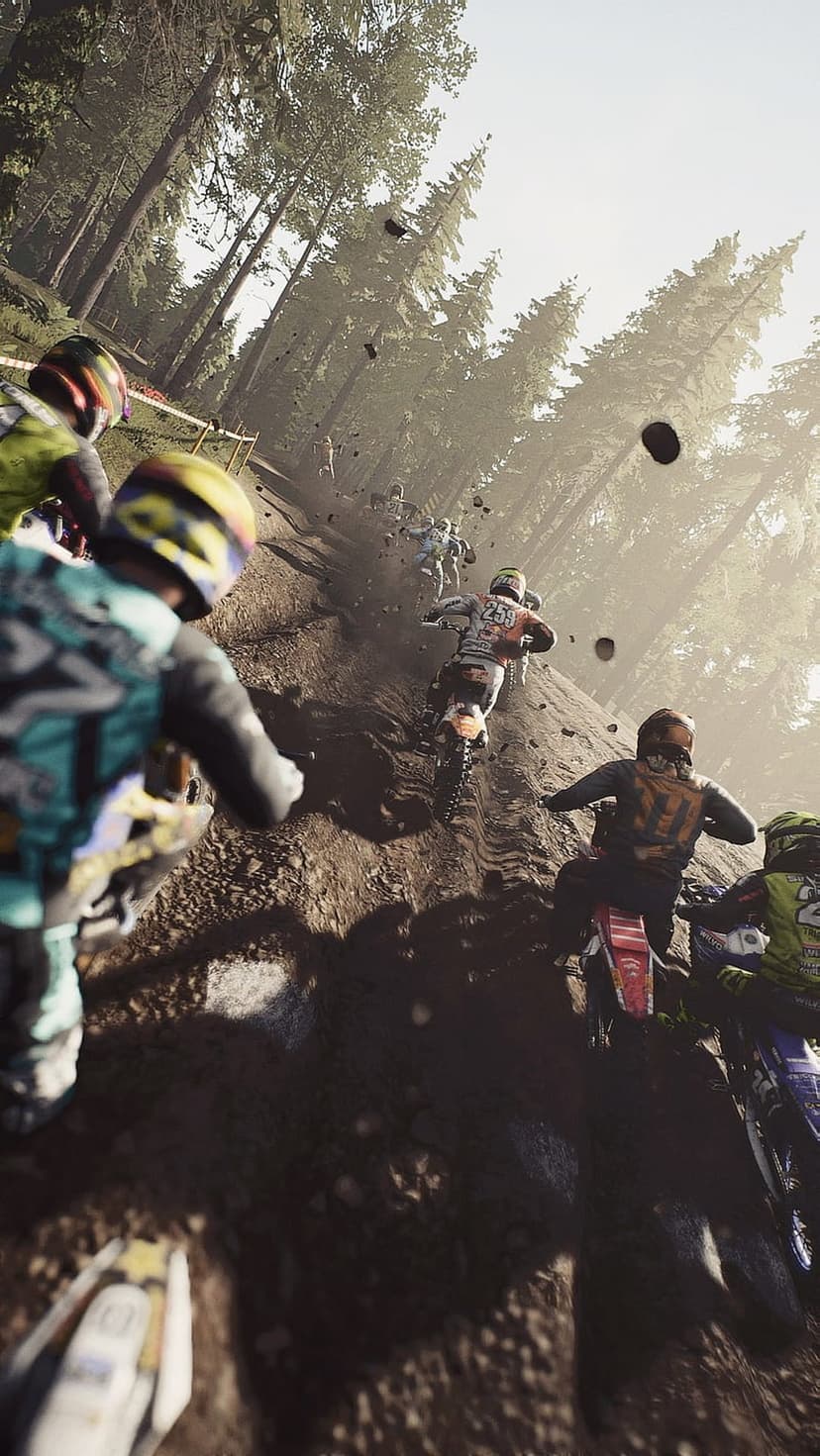 Motocross riders descend a steep dirt hill in a dense forest, kicking up thick dust during an off-road race.
