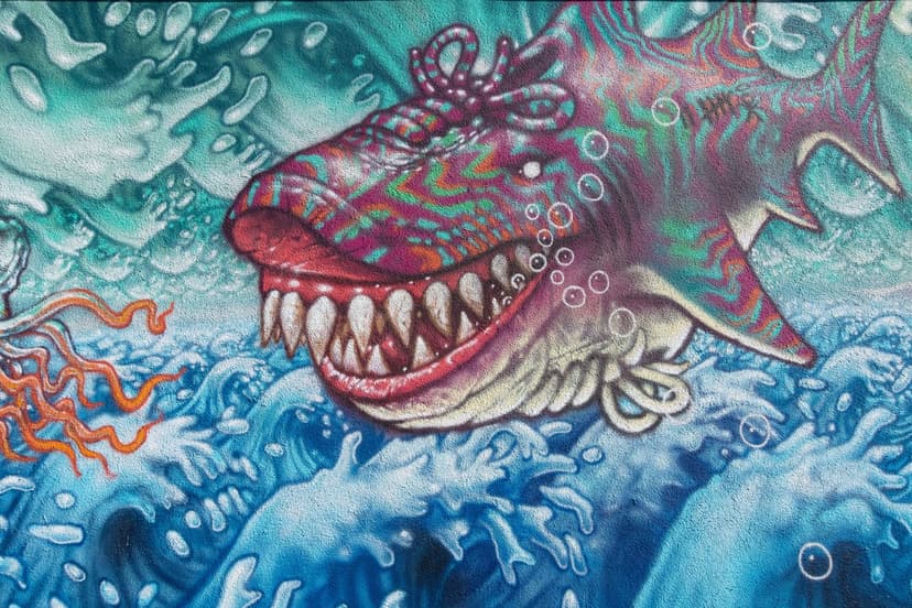 Great white shark with a shoelace pattern on its head grins with sharp teeth amidst splashing blue ocean waves.