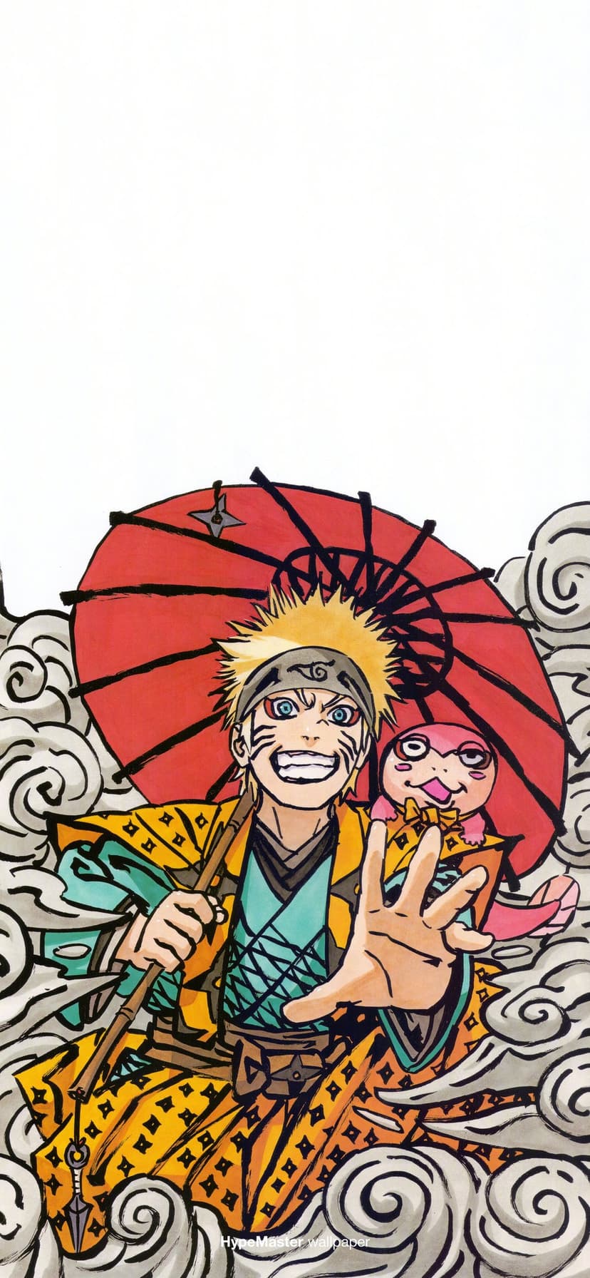 Naruto Uzumaki wears a kimono and holds a red umbrella with a small toad companion among stylized white clouds.