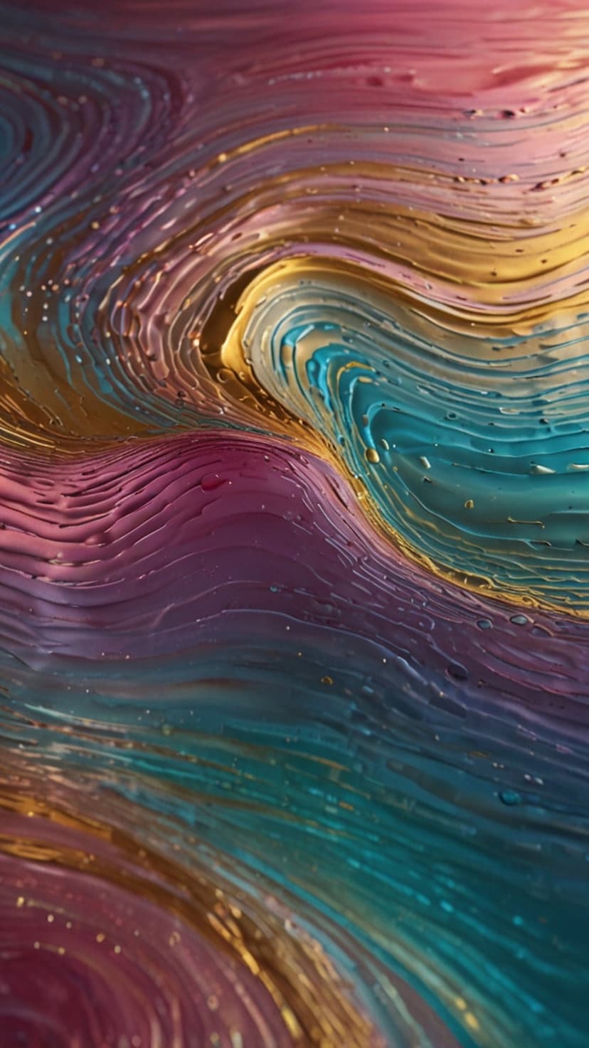Swirling waves of pink, gold, and teal liquid intermingle with tiny bubbles and delicate textured lines.