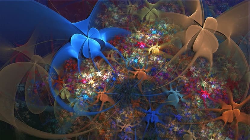 Swirling blue and orange fractal patterns with star-shaped floral centers and intricate geometric textures.