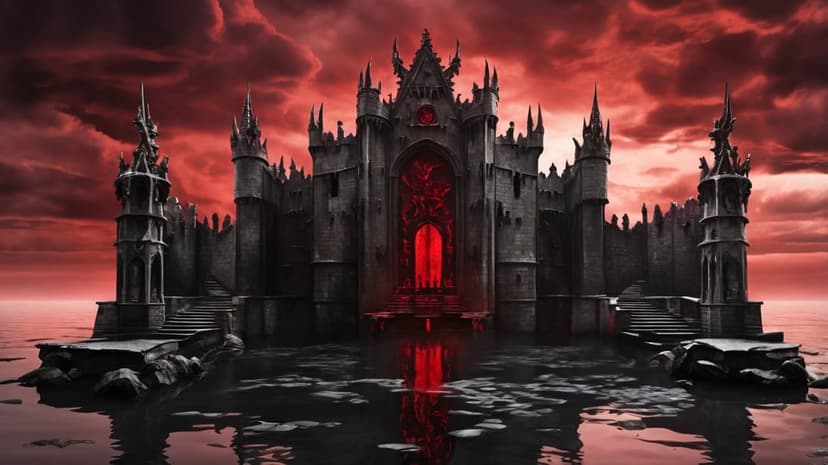 Gothic castle with sharp spires reflects in dark water beneath a deep crimson sky with glowing orange windows.