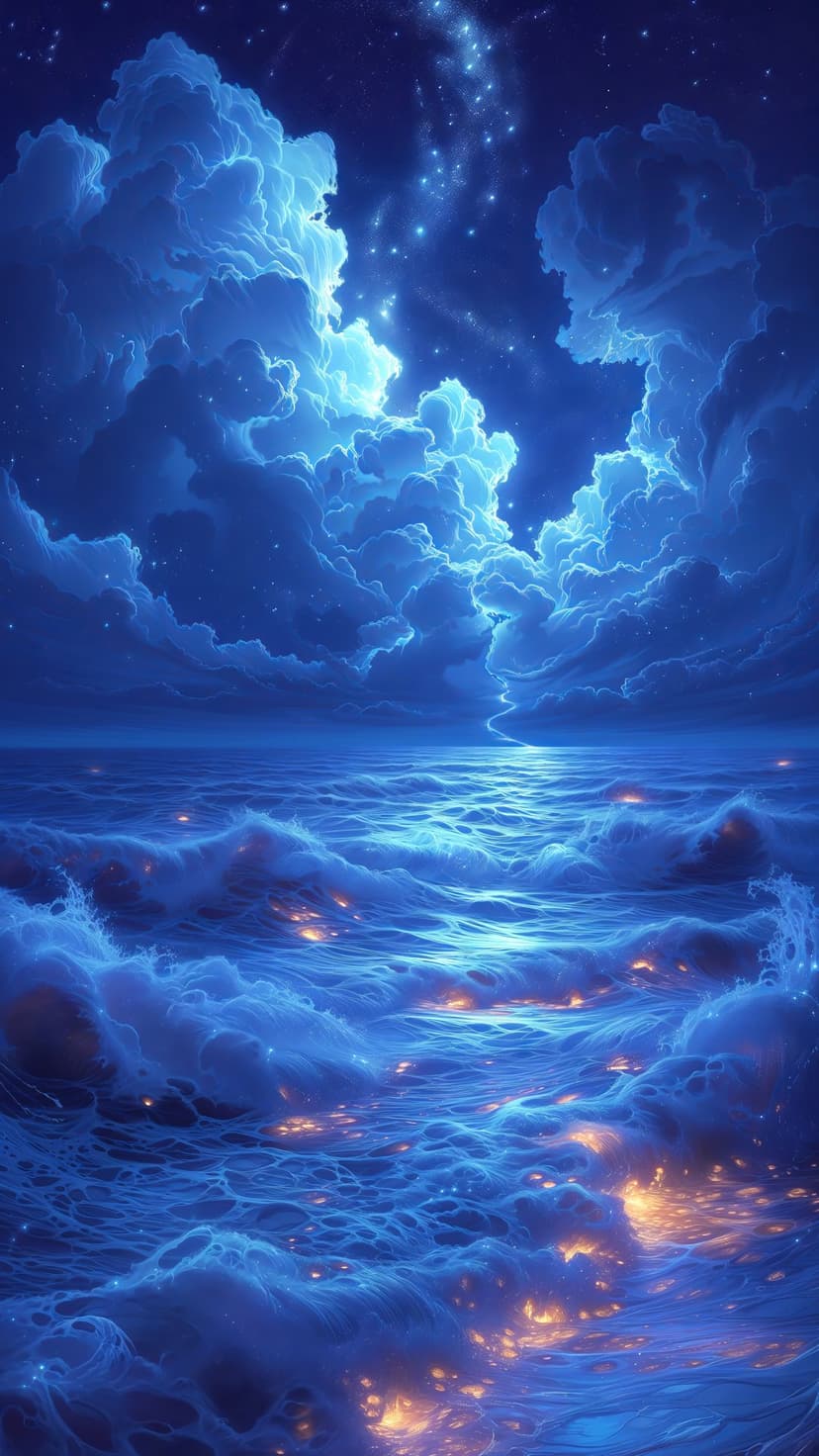 Luminous blue waves shimmer beneath a vibrant starry nebula and glowing clouds during a calm celestial night.
