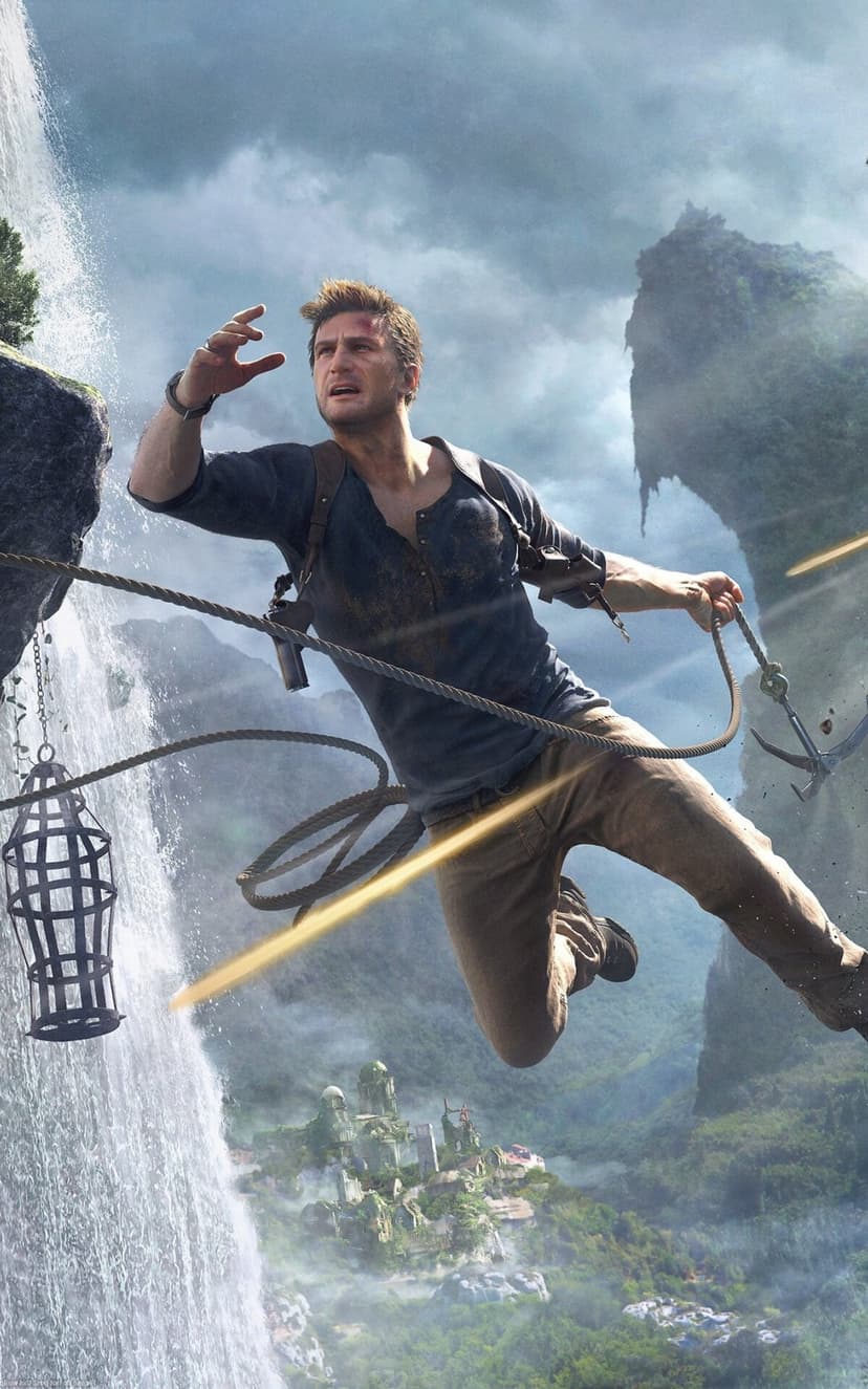 Nathan Drake jumps across a waterfall holding a grappling hook near ancient jungle ruins and bullet tracers.
