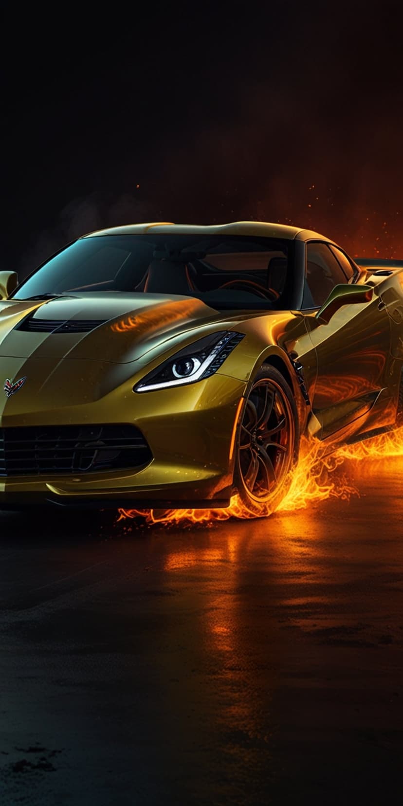 Golden Chevrolet Corvette supercar with bright orange flames erupting from its chassis against a dark background.