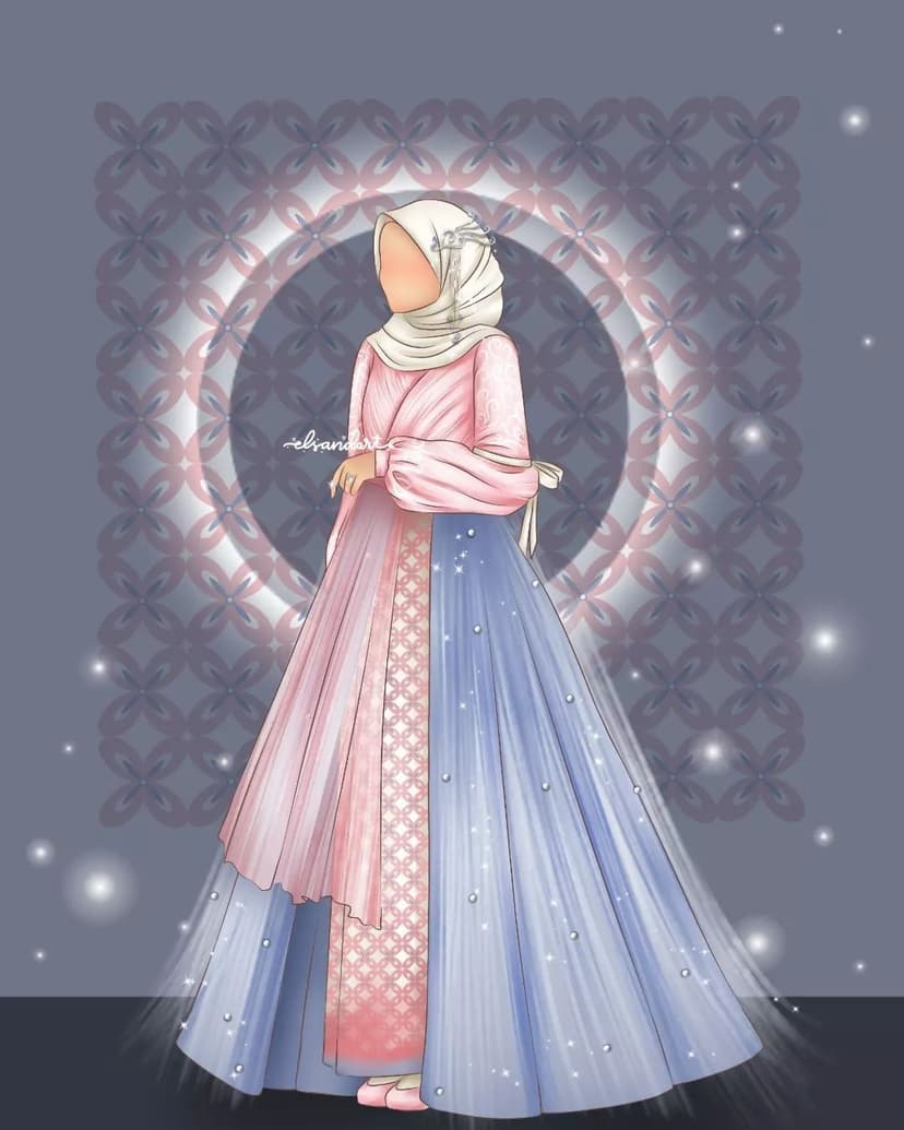 Woman wearing a pink tiered skirt and blue pearl-embellished gown against a shimmering circular background.