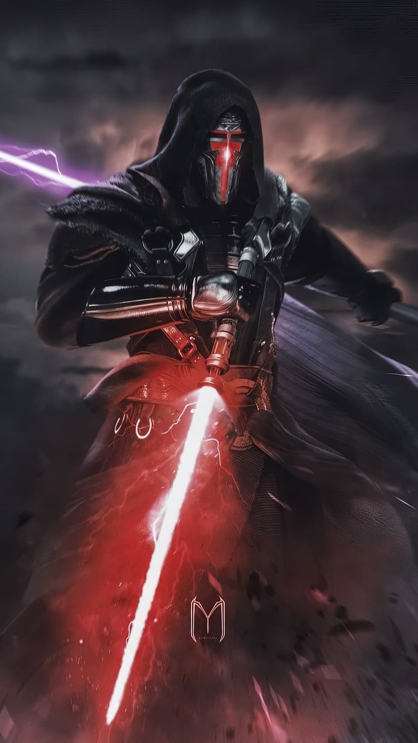 Masked warrior with a red lightsaber and hooded cloak in a dark smoky environment with purple lighting.