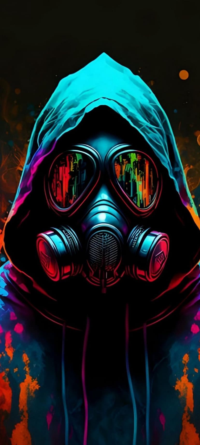 Figure in a black and turquoise hoodie wearing a gas mask reflecting neon red, green, and blue light patterns.