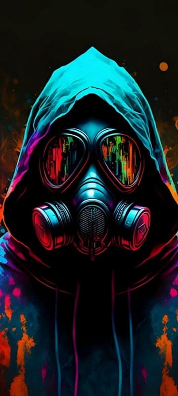 Neon Gas Mask Hoodie with Abstract Colorful Splatter