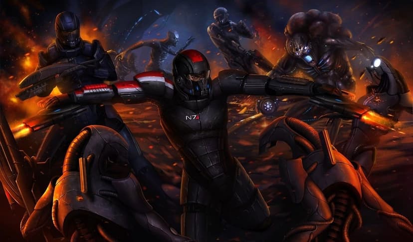 N7 Commander Shepard in black armor fights Geth and Husks amidst fiery orange explosions on a cinematic battlefield.