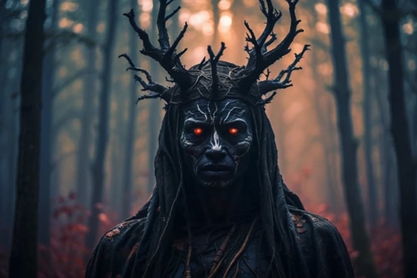 Antlered forest spirit with glowing red eyes and white face markings standing in a misty, dark woodland scene.