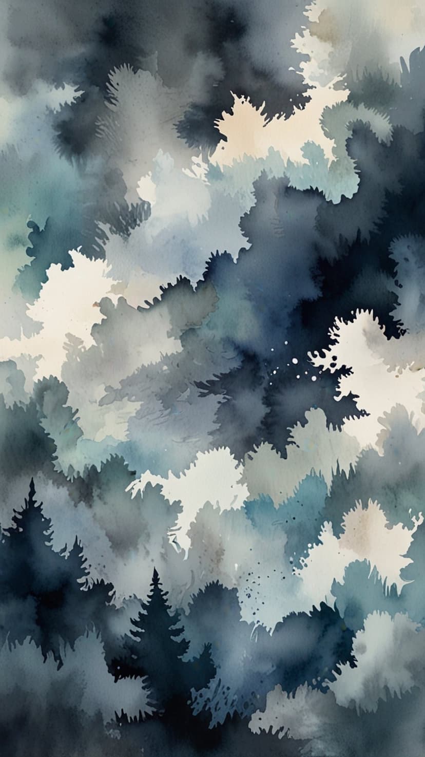 Dark pine tree silhouettes rise through misty blue and white watercolor washes in a vertical forest landscape.
