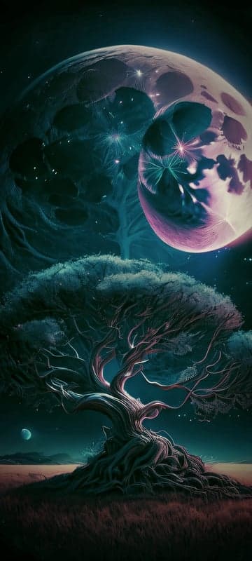 Mystical Moonlit Tree Landscape with Cosmic Elements