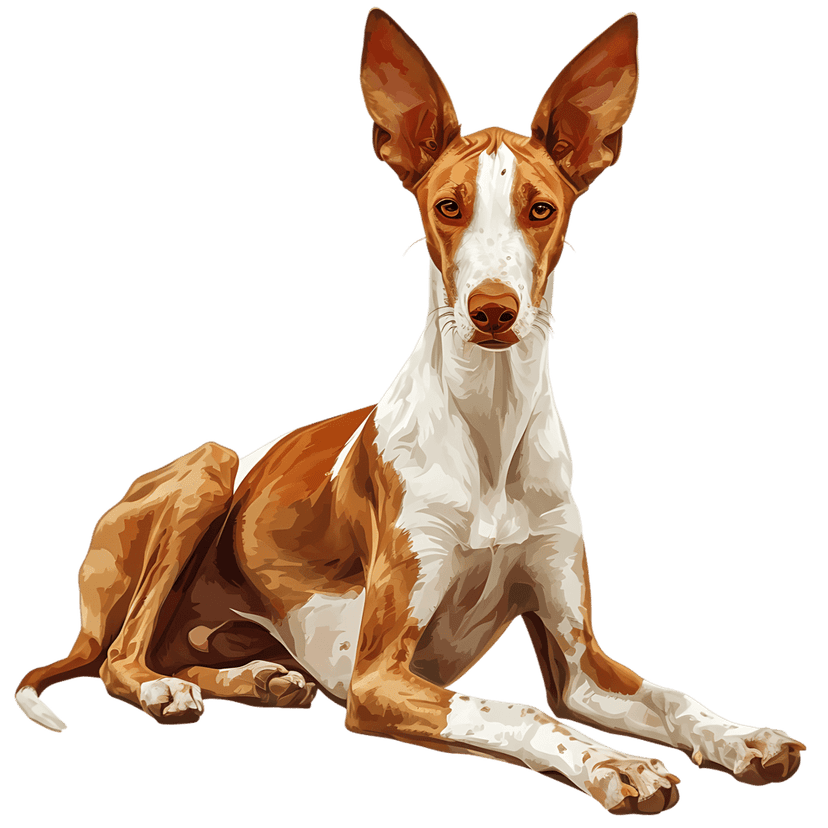 Ibizan Hound dog portrait featuring large ears and tan fur against a solid black background in digital art style.