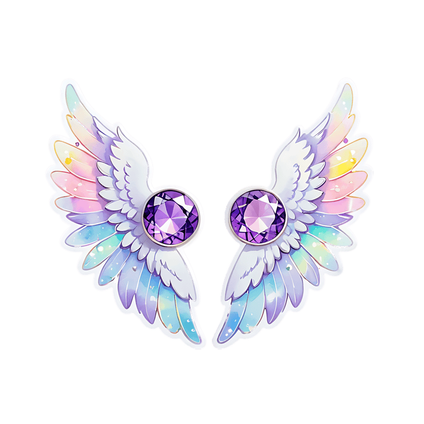 Rainbow angel wings featuring a pastel gradient and a central purple gemstone with a thick white sticker outline.