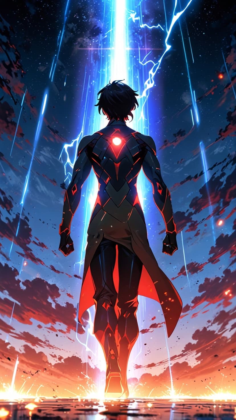 Armored warrior in black and red plate stands before a massive blue light beam under a dark lightning-filled sky.