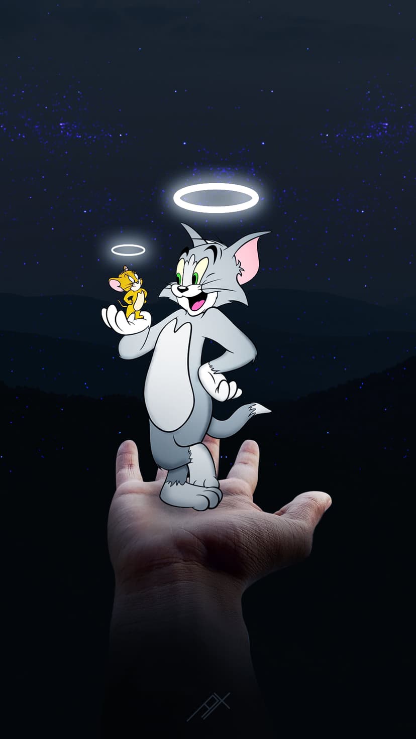 Tom and Jerry with golden halos sit on a palm against a dark mountain landscape and twinkling starry cosmos.