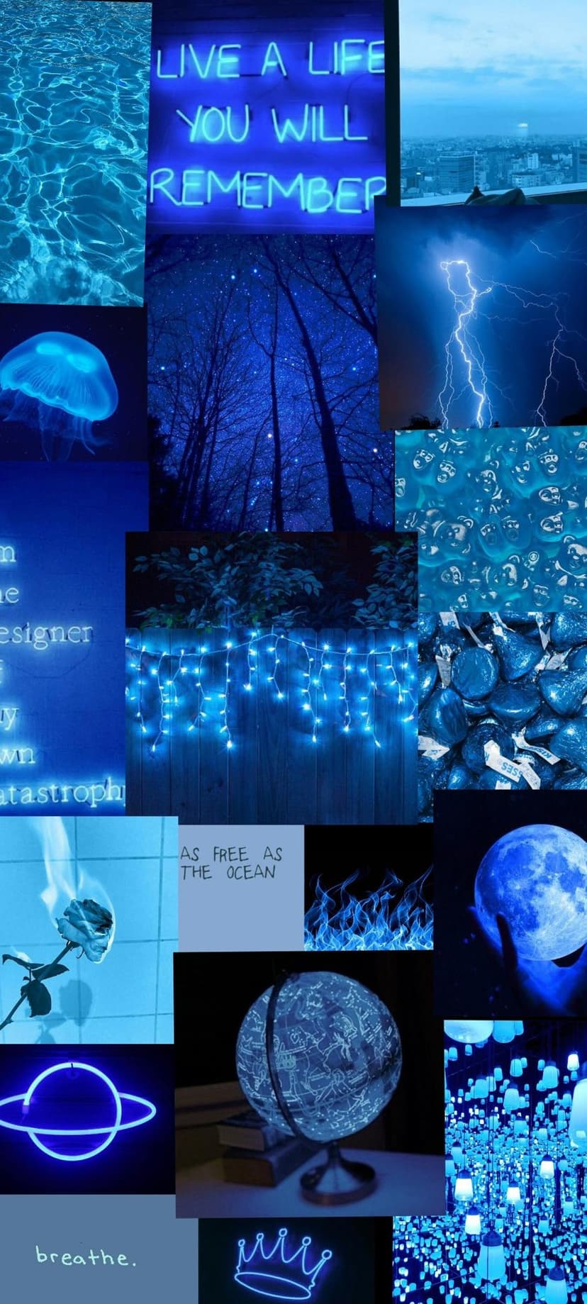 Bioluminescent jellyfish floats near neon signs and a starry sky in a layered blue celestial collage.