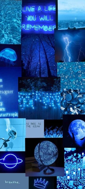 Blue Aesthetic Collage: Nature, Neon, and Celestial Vibes