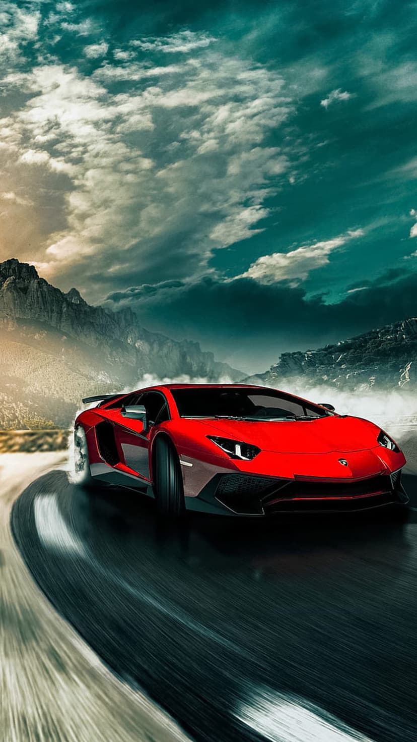 Red Lamborghini supercar speeding on a curved mountain road with blurred asphalt and distant jagged peaks.