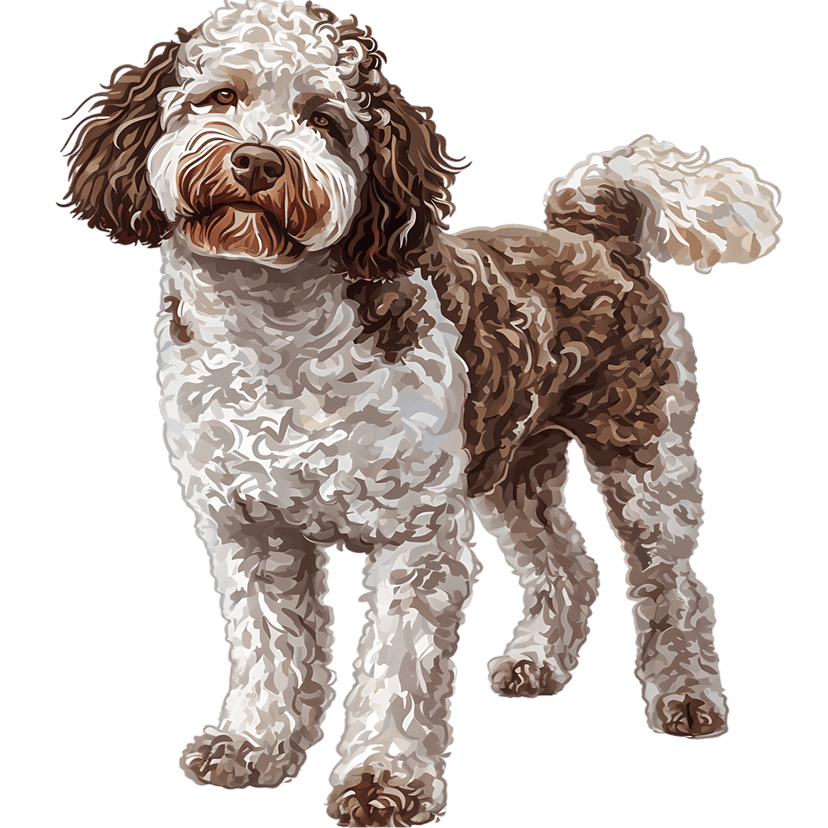 Lagotto Romagnolo dog portrait featuring woolly brown and white fur in a detailed front-facing illustration.