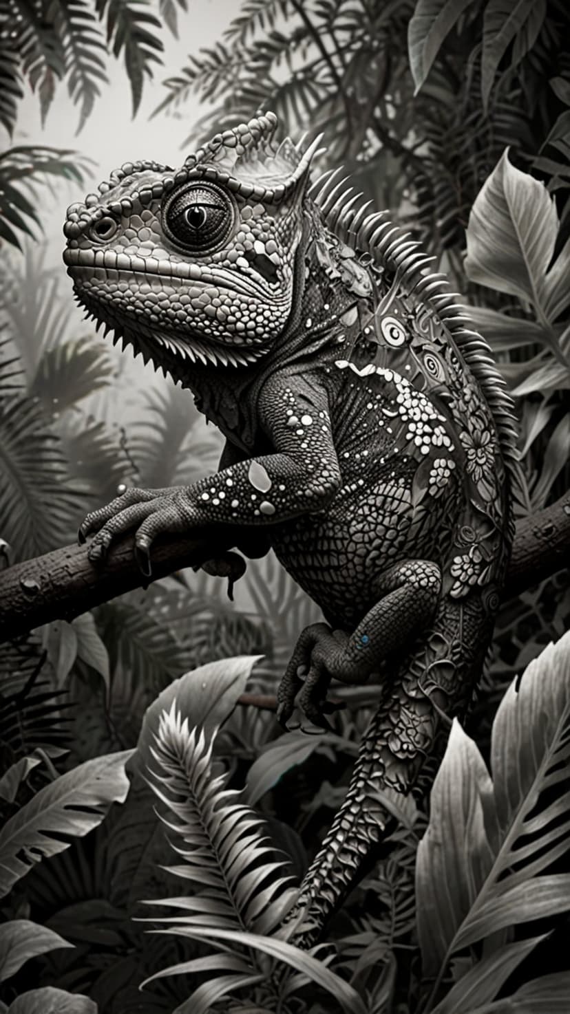Chameleon on a branch shows intricate skin patterns amidst dense tropical foliage in a monochrome forest.