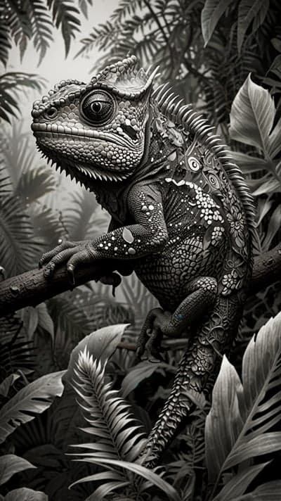 Black and White Chameleon Jungle Vertical Wallpaper