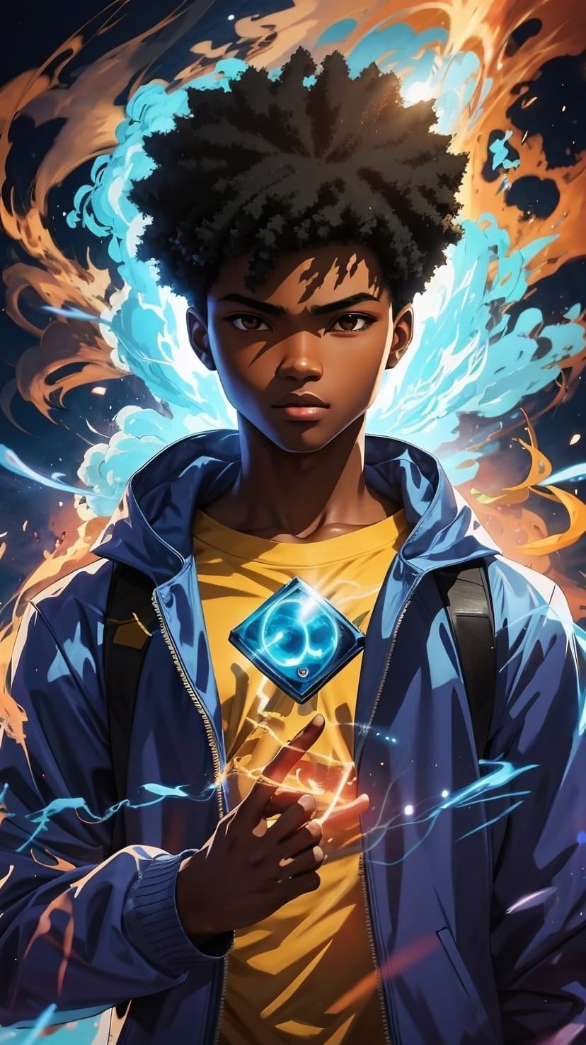 Black man with an afro wearing a blue jacket releases electric energy as a blue gem glows on his chest.