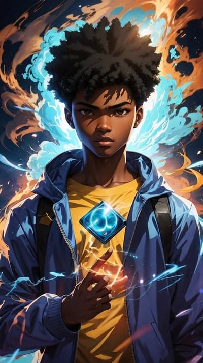 Young Black man with afro, energy powers, anime style