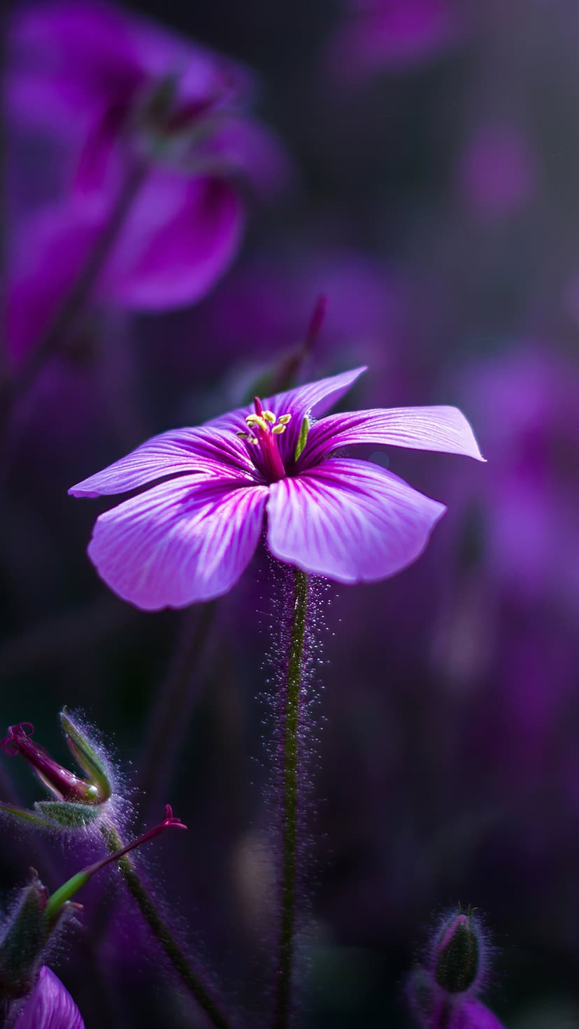 Purple geranium flower with visible stem hairs and delicate stamen against a soft blurred violet background.