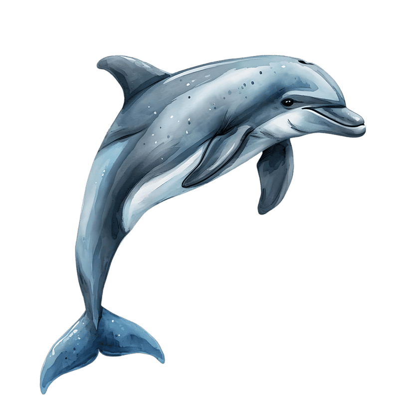 Watercolor dolphin leaping above water features soft blue splatters and textured gray pigment on a clear background.